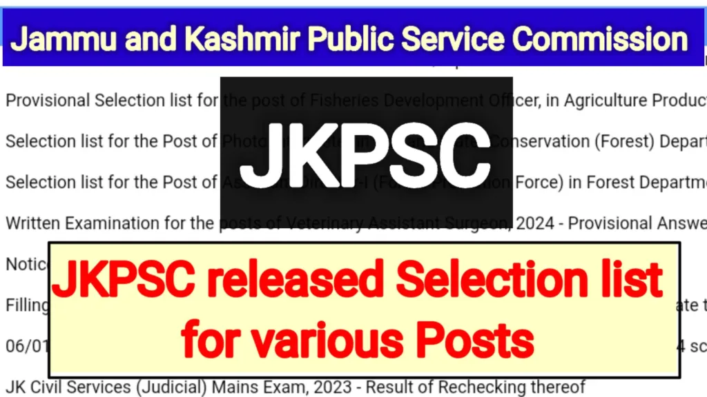 JKPSC released Selection List for Various Posts, Check Here