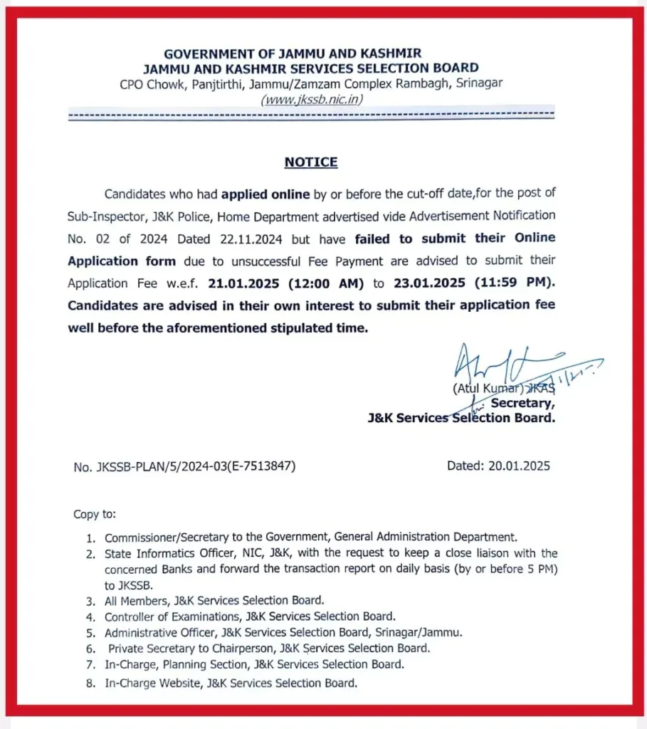 JKSSB released Important Notice regarding Sub Inspector Recruitment 